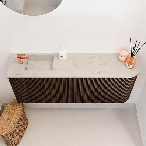 Mondiaz JOYA-DLUX Meuble de salle de bains 101.6cm - arrondi droit couleur Walnut - Vasque FAYE position Gauche 1 trou de robinet couleur Opalo. SW1422547