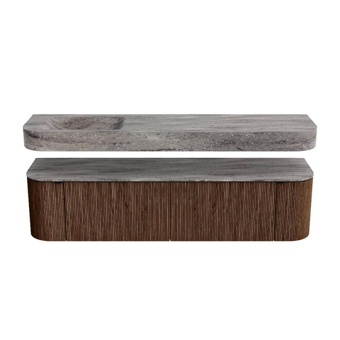 MONDIAZ THOR-DLUX 180cm badmeubel ronding links + rechts kleur Walnut met 2 lades en 2 deuren. Vrijhangende wastafel CLOUD Links zonder kraangat kleur Oza. SW1466285