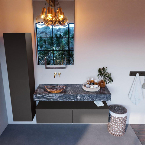 Mondiaz ALAN-DLUX Ensemble de meuble - 130cm - meuble Dark grey mat - 2 tiroirs - Lavabo Cloud Lava suspendu - vasque gauche - 0 trous de robinet SW808201