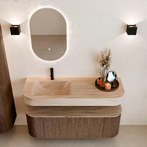 MONDIAZ THOR-DLUX 130cm badmeubel ronding links + rechts kleur Walnut met 1 lade en 2 deuren. Vrijhangende wastafel CLOUD Links 1 kraangat kleur Saba. SW1464020
