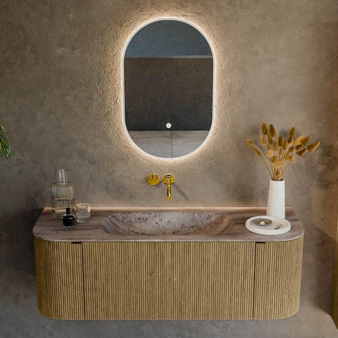 MONDIAZ KURVE-DLUX 130cm badmeubel ronding Links + Rechts kleur Dusk met 1 lade en 2 deuren. Wastafel BIG SMALL Midden zonder kraangat Oza. SW1432979