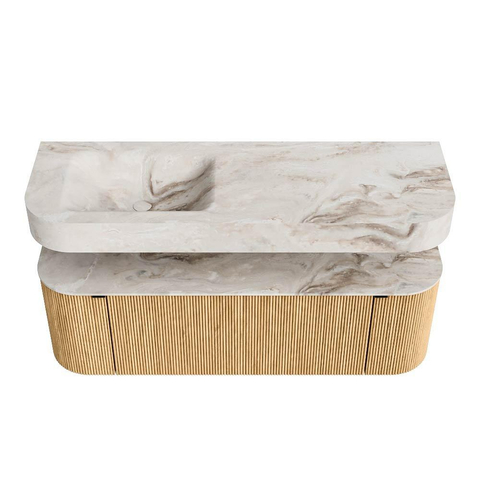MONDIAZ THOR-DLUX 140cm meuble de salle de bains arrondi gauche + droite couleur Oak avec 1 tiroir et 2 portes. Vasque suspendue CLOUD Gauche 1 trou de robinet couleur Frappe. SW1463889