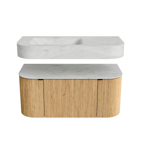 MONDIAZ THOR-DLUX 100cm badmeubel ronding links + rechts kleur Oak met 1 lade en 2 deuren. Vrijhangende wastafel CLOUD Links zonder kraangat kleur Opalo. SW1467318