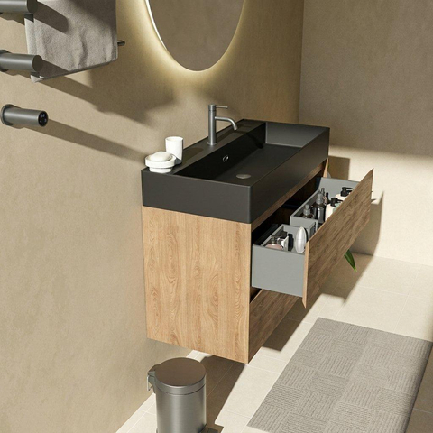 Saniclass Holz Pure Badkamermeubelset - 100x45x72cm - Legend keramische wastafel mat zwart - 1 wasbak - 1 kraangat - 2 lades - mat eiken natural (hout) SW1580185