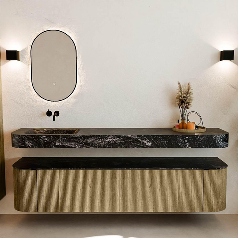 MONDIAZ THOR-DLUX Meuble de salle de bains - 200cm - arrondi gauche + droite - couleur Dusk - 2 tiroirs - 2 portes - Vasque suspendue CLOUD gauche sans trou de robinet - couleur Lava SW1466840