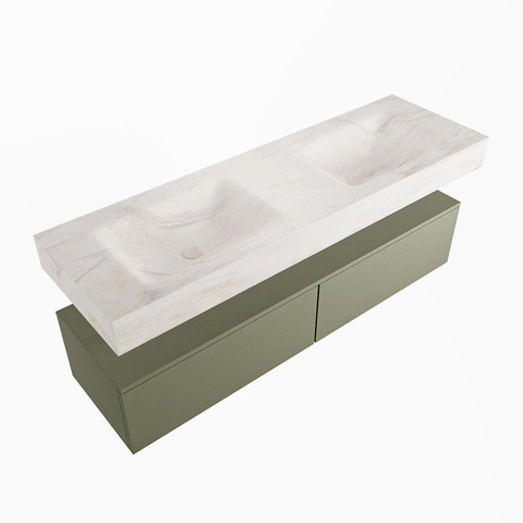 Mondiaz ALAN-DLUX Ensemble de meuble - 150cm - meuble - Army mat - 2 tiroirs - Lavabo Cloud Ostra suspendu - vasque gauche et droite - 2 trous de robinet - Beige SW807796