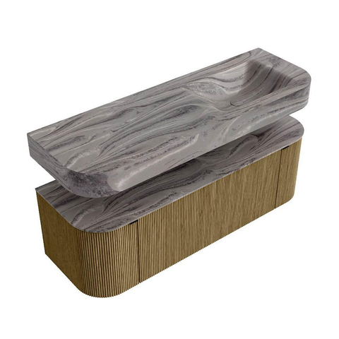 MONDIAZ THOR-DLUX 140cm meuble de salle de bains arrondi gauche + droite couleur Dusk avec 1 tiroir et 2 portes. Vasque suspendue CLOUD Droite 1 trou de robinet couleur Sombra. SW1464239
