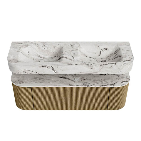 MONDIAZ THOR-DLUX Meuble de salle de bains 140cm arrondi gauche + droite couleur Dusk avec 1 tiroir et 2 portes. Vasque suspendue CLOUD Double 2 trous de robinet couleur Glace. SW1467663