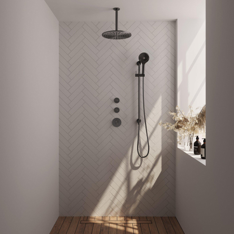 Brauer Gunmetal Edition Douche pluie thermostatique avec pommeau 30cm et bras plafond 20cm et douchette Rond 3 jet flexible lisse avec coude mural Gunmetal brossé PVD SW715839