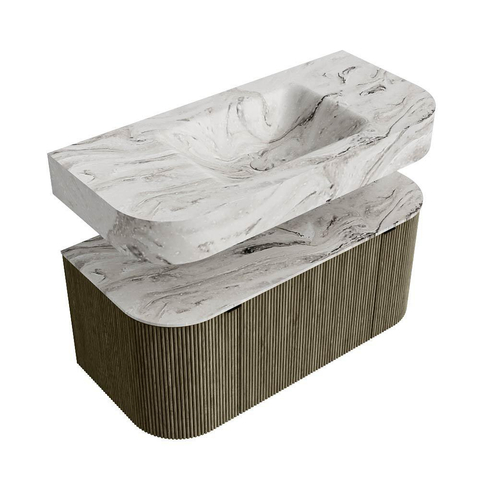 MONDIAZ THOR-DLUX 100cm meuble de salle de bains arrondi gauche + droite couleur Shadow avec 1 tiroir et 2 portes. Vasque suspendue CLOUD Milieu sans trou de robinet couleur Glace. SW1467439