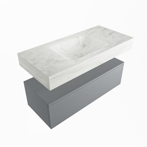 Mondiaz ALAN-DLUX Ensemble de meuble - 100cm - meuble Plata mat - 1 tiroir - Lavabo Cloud Opalo suspendu - vasque Centre - 1 trou de robinet SW807009