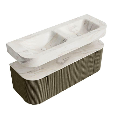 MONDIAZ THOR-DLUX 130cm meuble de salle de bains arrondi gauche + droite couleur Shadow avec 1 tiroir et 2 portes. Vasque suspendue CLOUD Double 2 trous de robinet couleur Ostra. SW1463777