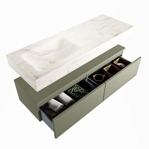 Mondiaz ALAN-DLUX Ensemble de meuble - 130cm - meuble Army mat - 2 tiroirs - Lavabo Cloud Ostra suspendu - vasque Gauche - 1 trou de robinet SW807840