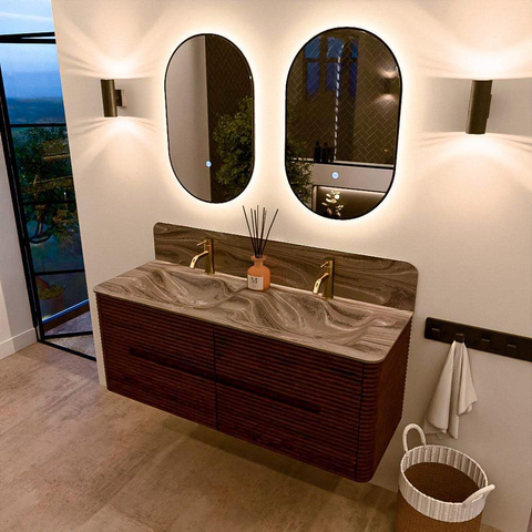 Mondiaz CIRO-DLUX Badkamermeubelset - 130x45x50cm - Solid surface wastafel Sombra - 2 wasbak Dubbel - 2 kraangaten - 4 lades - Ruby SW1531951