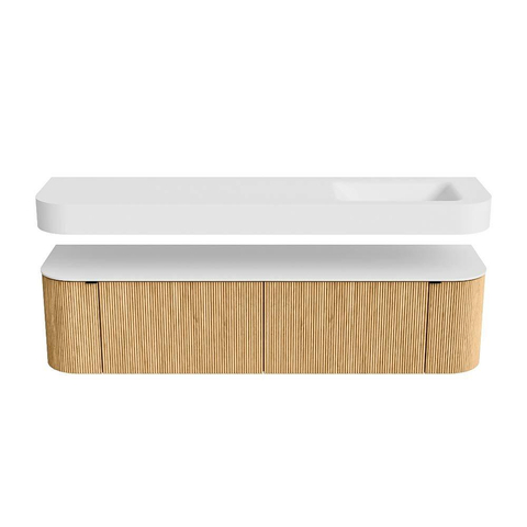 MONDIAZ THOR Meuble de salle de bains 180cm arrondi gauche + droite couleur Oak avec 2 tiroirs et 2 portes. Vasque suspendue CLOUD Droite sans trou de robinet couleur Talc. SW1465884