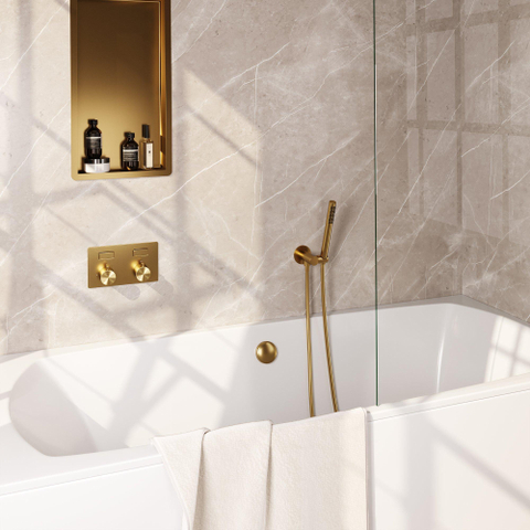 BRAUER Gold Edition mitigeur de baignoire encastré thermostatique - boutons poussoirs SET 03 - combinaison de remplissage de baignoire - douchette à main barre - flexible de douche - coude de raccordement mural - or brossé PVD SW925665