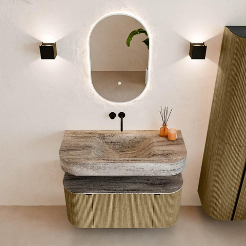 MONDIAZ THOR-DLUX 100cm meuble de salle de bains arrondi gauche + droite couleur Dusk avec 1 tiroir et 2 portes. Vasque suspendue CLOUD Milieu sans trou de robinet couleur Oza. SW1467580