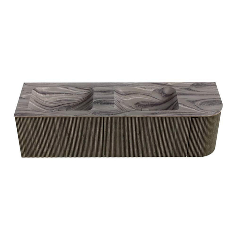 MONDIAZ KURVE-DLUX Meuble de salle de bains 155cm arrondi à droite couleur Shadow avec 2 tiroirs et 1 porte. Lavabo LEAF Double / À gauche 2 trous de robinet Sombra. SW1433803