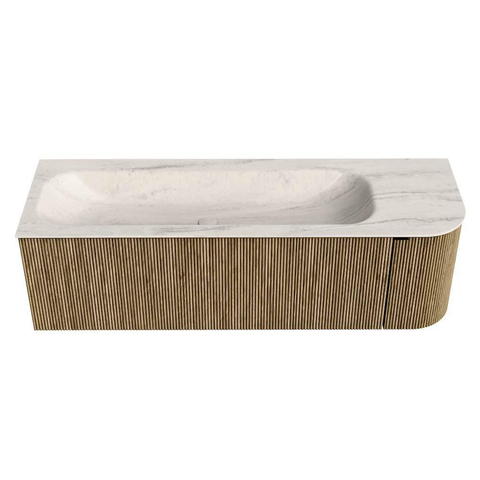 MONDIAZ KURVE-DLUX 145cm badmeubel ronding Rechts kleur Dusk met 1 lade en 1 deur. Wastafel BIG LARGE Links zonder kraangat Meli. SW1431899