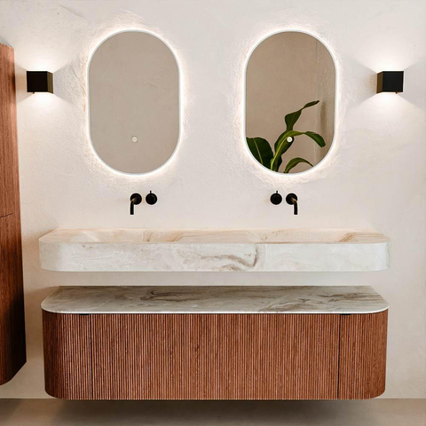 MONDIAZ THOR-DLUX 160cm meuble de salle de bains arrondi gauche + droite couleur Ruby avec 1 tiroir et 2 portes. Vasque suspendue CLOUD Double sans trou de robinet couleur Frappe. SW1465283