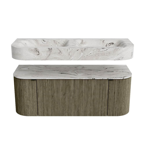 MONDIAZ THOR-DLUX 120cm badmeubel ronding links + rechts kleur Shadow met 1 lade en 2 deuren. Vrijhangende wastafel CLOUD Dubbel zonder kraangat kleur Glace. SW1463133