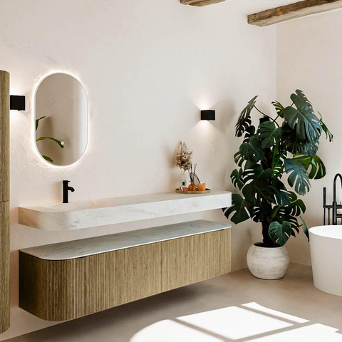 MONDIAZ THOR-DLUX Meuble de salle de bains 190cm arrondi gauche + droite couleur Dusk avec 2 tiroirs et 2 portes. Vasque suspendue CLOUD Gauche 1 trou de robinet couleur Opalo. SW1466480