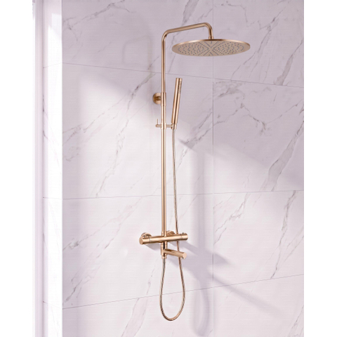 Fortifura Calvi Regendoucheset - thermostatisch - 30cm hoofddouche - metalen slang - staaf handdouche - draaibare baduitloop - Geborsteld Messing PVD (Goud) SW1592480