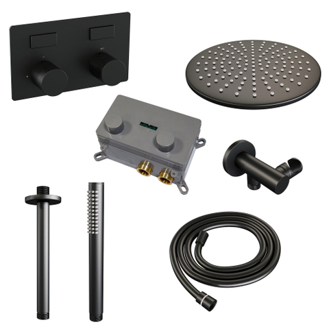 BRAUER Black Carving Douche de tête thermostatique encastrée - boutons-poussoirs - SET 54 - pomme de douche 30cm - bras de plafond - douchette barre - flexible de douche - coude de raccordement mural - noir mat SW925392