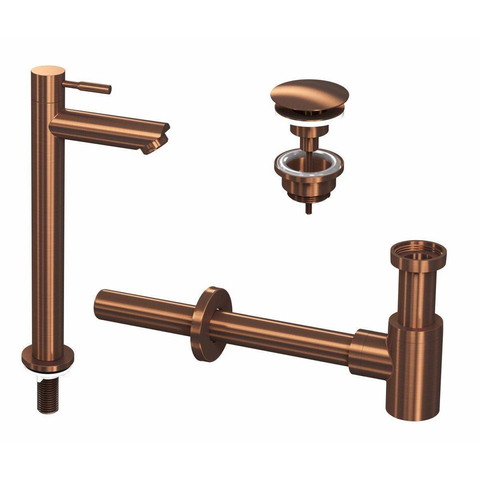 INK 2A Kit robinet lave-mains - robinet lave-mains sur pied - haut - toujours ouvert - bonde et siphon design - Mat rose doré SW450951