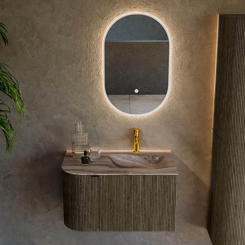 MONDIAZ KURVE-DLUX Meuble de salle de bains 75cm arrondi à gauche couleur Shadow avec 1 tiroir et 1 porte. Lavabo GRUNNE à droite 1 trou de robinet Sombra. SW1433727