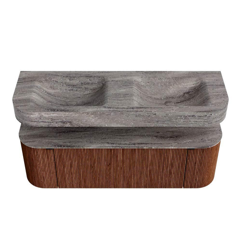 MONDIAZ THOR-DLUX 140cm meuble de salle de bains arrondi gauche + droite couleur Ruby avec 1 tiroir et 2 portes. Vasque suspendue CLOUD Double 2 trous de robinet couleur Oza. SW1464276