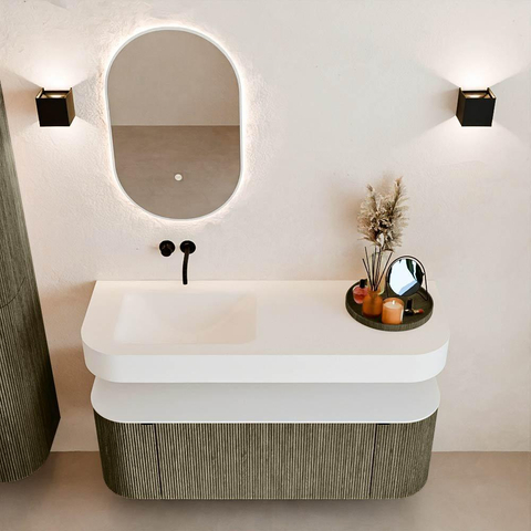 MONDIAZ THOR 130cm badmeubel ronding links + rechts kleur Shadow met 1 lade en 2 deuren. Vrijhangende wastafel CLOUD Links zonder kraangat kleur Talc. SW1463727