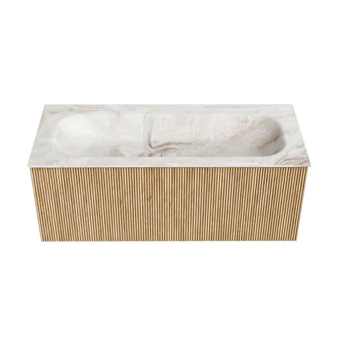 MONDIAZ KURVE-DLUX 110cm badmeubel kleur Oak met 1 lade. Wastafel BIG MEDIUM midden zonder kraangat kleur Frappe. SW1137344