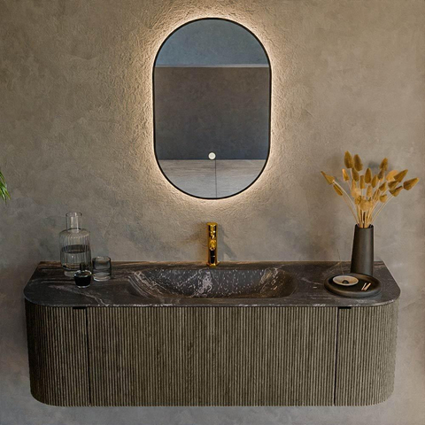 Mondiaz KURVE-DLUX Badkamermeubelset - 140x46x40cm - 1 lade - 2 deuren - wastafel solid surface - midden - 1 kraangat - Shadow SW1414651