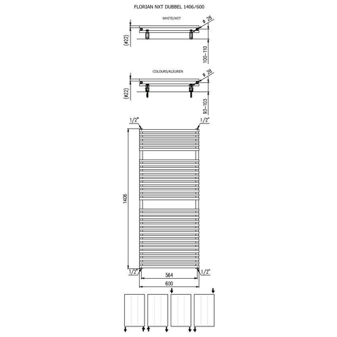 Plieger Florian Nxt designradiator dubbel horizontaal 1406x600mm 1153W wit OUTLETSTORE STORE40820