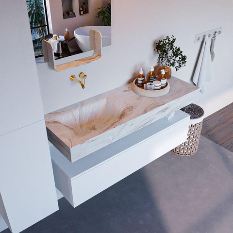 Mondiaz ALAN-DLUX Ensemble de meuble - 130cm - meuble Talc mat - 1 tiroir - Lavabo Cloud Frappe suspendu - vasque Gauche - 0 trous de robinet SW805236