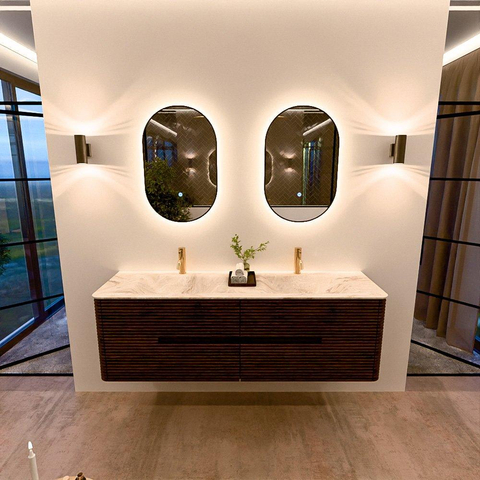 Mondiaz CIRO-DLUX Badkamermeubelset - 160x45x50cm - Solid surface wastafel Frappe - 2 wasbak Dubbel - 2 kraangaten - 4 lades - Walnut SW1530214