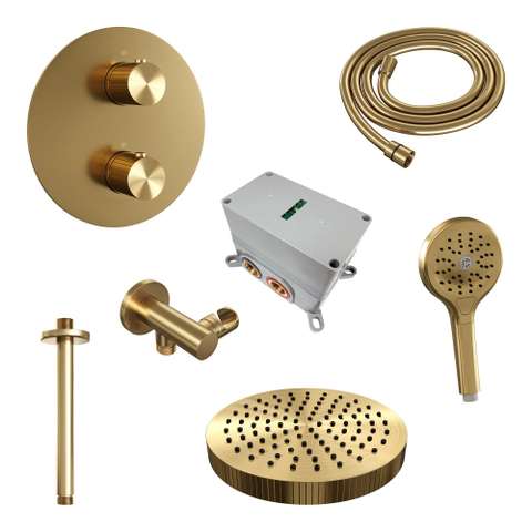 BRAUER Stripe Douche de tête thermostatique encastrée - 3 voies - ronde - SET 42 - pomme de douche 25cm - bras de plafond - douchette 3 positions - flexible de douche - coude mural - PVD doré brossé SW1434865