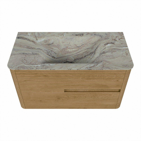 Mondiaz CIRO-DLUX Meuble de salle de bains - 90x45x50cm - lavabo solid surface Glace - 1 vasque centrale - sans trous de robinetterie - 2 tiroirs - chêne SW1530852