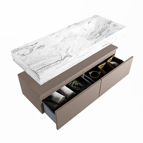 Mondiaz ALAN-DLUX Ensemble de meuble - 120cm - meuble Smoke mat - 2 tiroirs - Lavabo Cloud Glace suspendu - vasque Droite - 0 trous de robinet SW805675