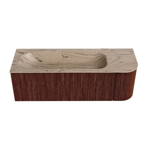 MONDIAZ KURVE-DLUX Meuble de salle de bains 135cm arrondi à droite couleur Ruby avec 1 tiroir et 1 porte. Lavabo BIG MEDIUM à gauche sans trou de robinet Arena. SW1431507