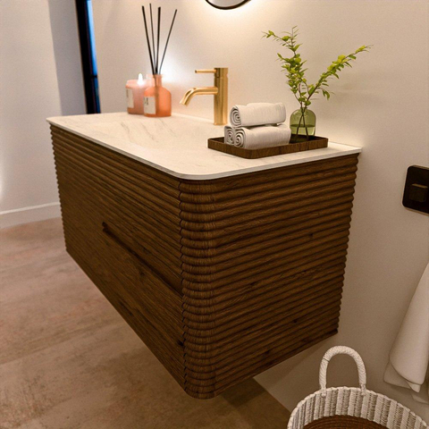 Mondiaz CIRO-DLUX Badkamermeubelset - 100x45x50cm - Solid surface wastafel Opalo - 1 wasbak Midden - 1 kraangat - 2 lades - Dusk SW1532942