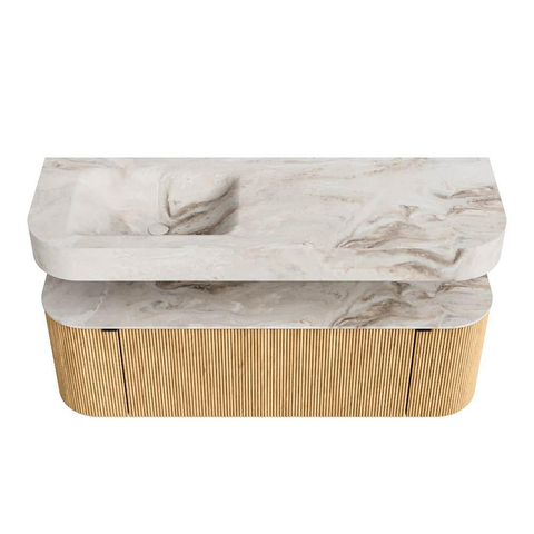 MONDIAZ THOR-DLUX Meuble de salle de bains 140cm arrondi gauche + droite couleur Oak avec 1 tiroir et 2 portes. Vasque suspendue CLOUD Gauche sans trou de robinet couleur Frappe. SW1467657