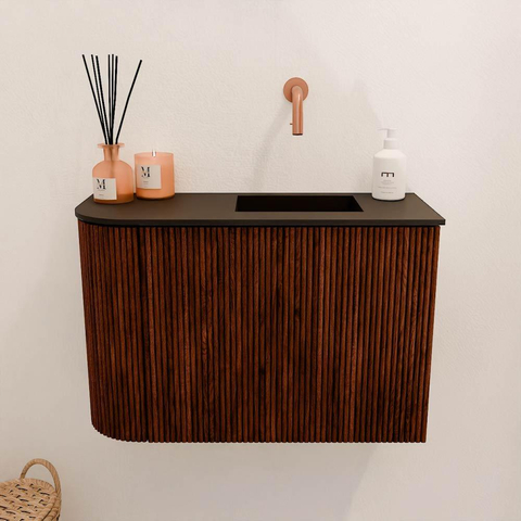 Mondiaz JOYA 61.6cm meuble de salle de bains - arrondi gauche couleur Ruby - Vasque FAYE position Droite Sans trou de robinet couleur Urban SW1421853