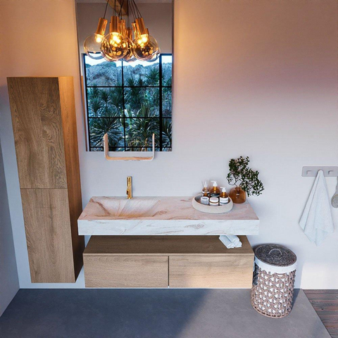 Mondiaz ALAN-DLUX Ensemble de meuble - 130cm - meuble Washed Oak mat - 2 tiroirs - Lavabo Cloud Frappe suspendu - vasque Gauche - 1 trou de robinet SW808792