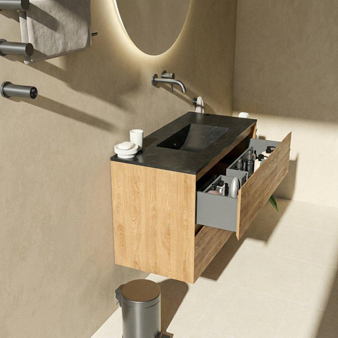 Saniclass Holz Pure Badkamermeubelset - 100x45x62cm - Vygo keramische wastafel zwart - 1 wasbak - zonder kraangat - 2 lades - mat eiken natural (hout) SW1478968