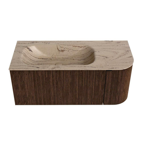 MONDIAZ KURVE-DLUX 105cm badmeubel ronding Rechts kleur Walnut met 1 lade en 1 deur. Wastafel BIG SMALL Links 1 kraangat Arena. SW1431187