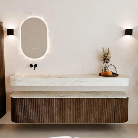 MONDIAZ THOR-DLUX Meuble de salle de bains - 190cm - arrondi gauche + droite - couleur Walnut - 2 tiroirs et 2 portes - Vasque suspendue CLOUD Gauche sans trou de robinet - couleur Ostra SW1466438