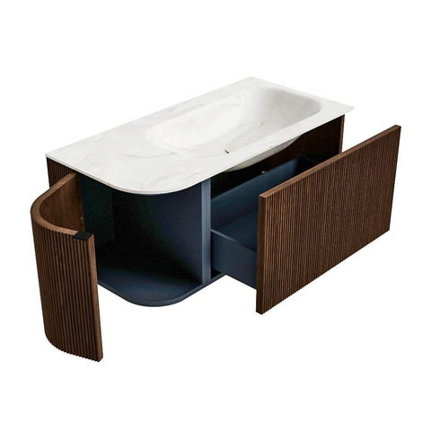 MONDIAZ KURVE-DLUX meuble de salle de bains 95cm avec module 25 L couleur Noyer avec 1 tiroir et 1 porte. Lavabo BIG SMALL à droite sans trou de robinet couleur Ostra. SW1137812