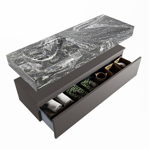 Mondiaz ALAN-DLUX Ensemble de meuble - 130cm - meuble Dark grey mat - 1 tiroir - Lavabo Cloud Lava suspendu - vasque Gauche - 0 trous de robinet SW808075